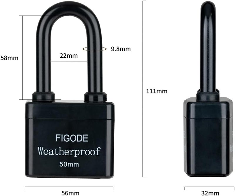 FIGODE ® Outdoor Waterproof Padlock, Large Heavy Duty Sturdy Covered Laminated Steel Keyed Lock, 2.2 in. Wide, Long Padlock - Image 2